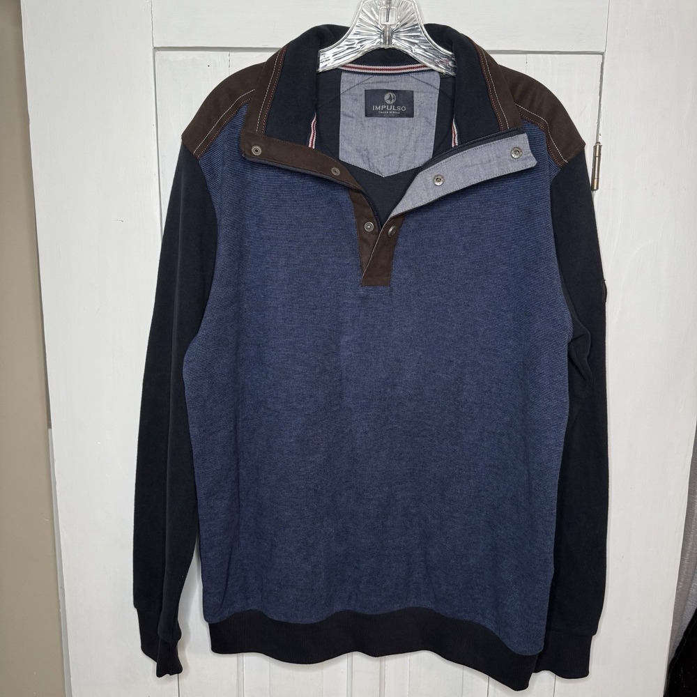 Impulso Italian Heritage Size Large Men's Blue & Brown Collared Sweater 1/4 Zip